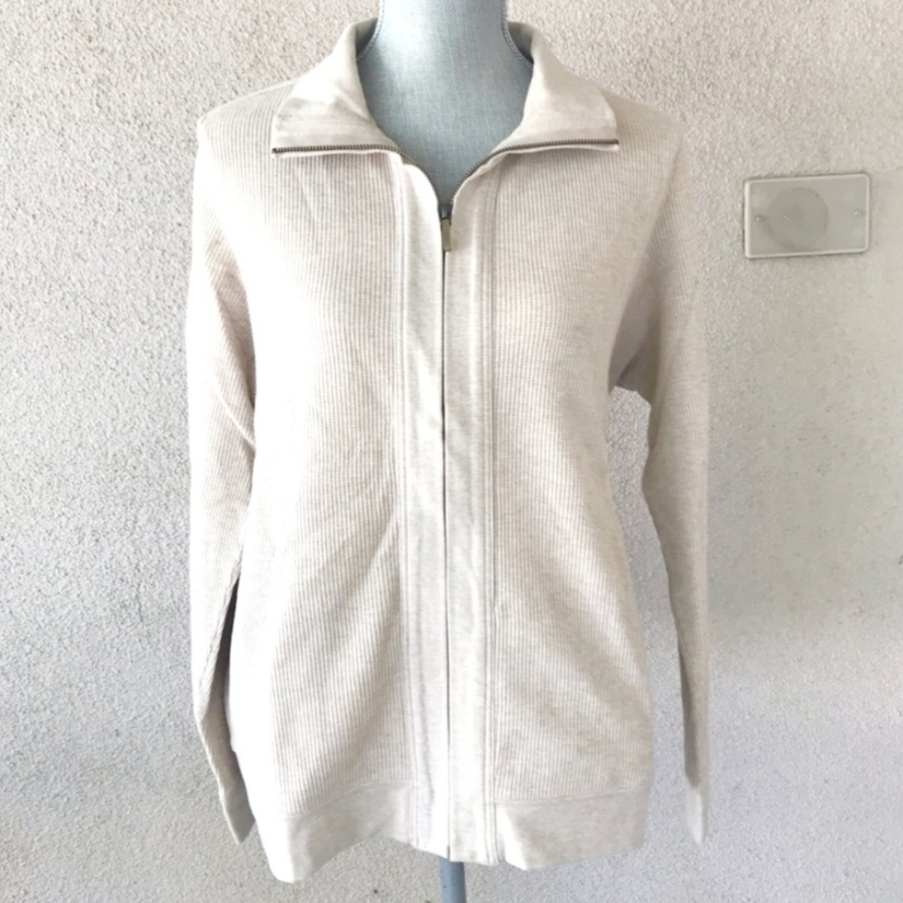 Talbots Cream / Tan Thermal Full Zip Collared Jacket Women's Small S Pockets EUC